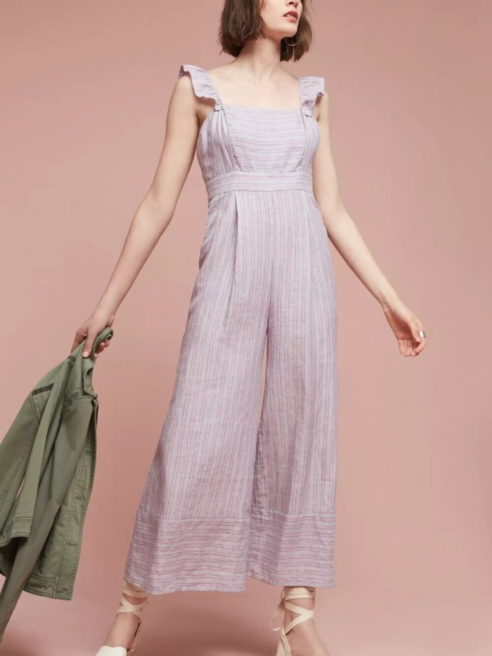 NWT Anthropologie Elevenses Nantucket Ruffled Jumpsuit Striped Linen Size 6